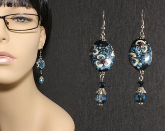 Navy Blue Millefiori Dangle Earrings