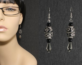 Black and Silver Beaded Dangle Earrings