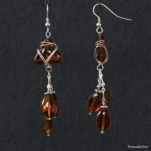 Wire Wrapped Long Brown Resin Earrings image 3