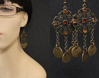 Antique Brass Filigree and Disc Dangle Chandelier Earrings