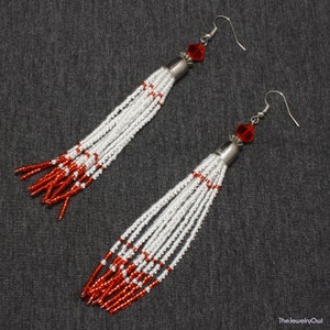 Long Red and White Fringe Beaded Tassel Earrings image 4