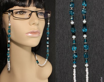 White and Aqua Blue Beaded Eyeglass Chain