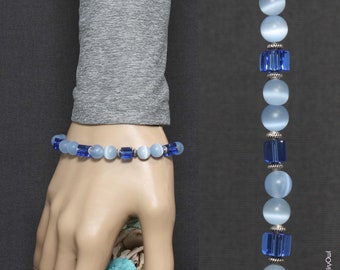 Sapphire Cube and Light Blue Cat's Eye Beaded Bracelet