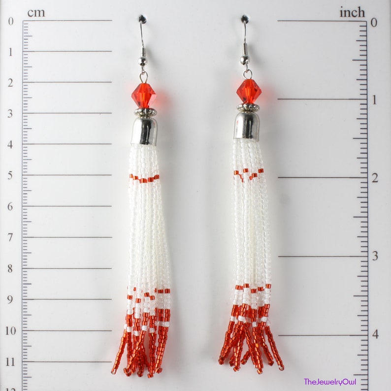 Long Red and White Fringe Beaded Tassel Earrings image 5
