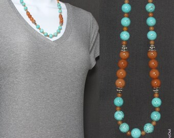 Turquoise and Red Aventurine Beaded Necklace, Turquoise Orange Collection