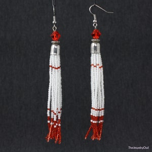 Long Red and White Fringe Beaded Tassel Earrings image 3