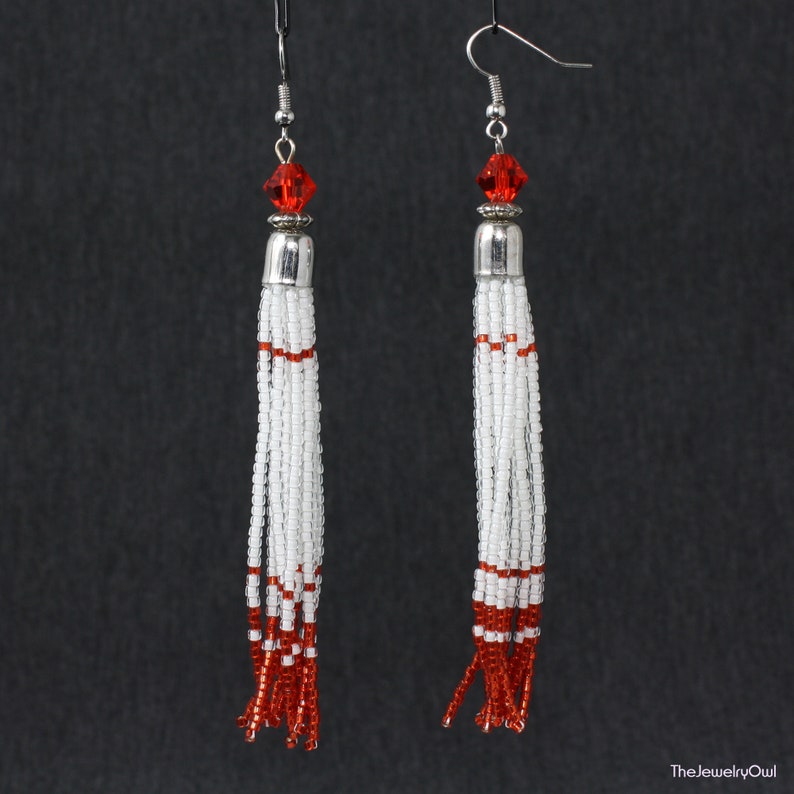 Long Red and White Fringe Beaded Tassel Earrings image 3