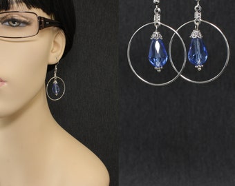 Silver Hoop Earrings With Faceted Blue Teardrops