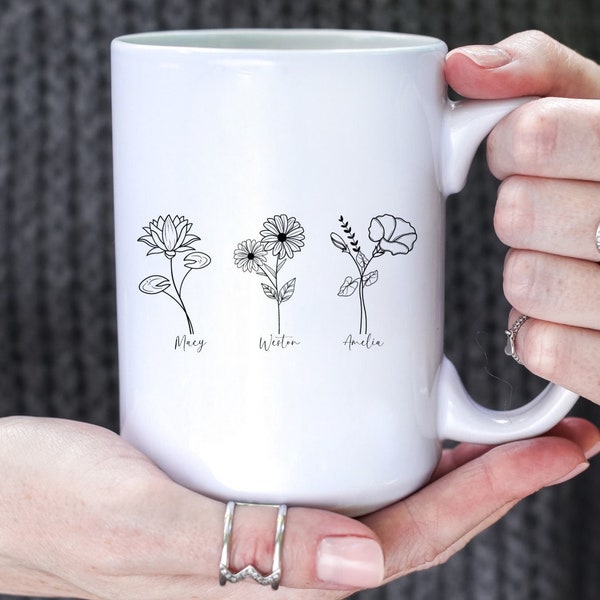 Mug fleur personnalisé mois de naissance, tasse à café maman, mug fleurs sauvages, mug nom enfant personnalisé maman Mug grand-mère personnalisé, cadeau mug fête des mères