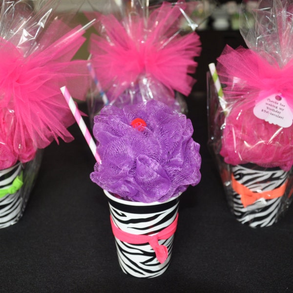 Girls Spa Party Favor Bath Puff Smoothie filled with Nail Polish, Hair-tie, and Lip Gloss