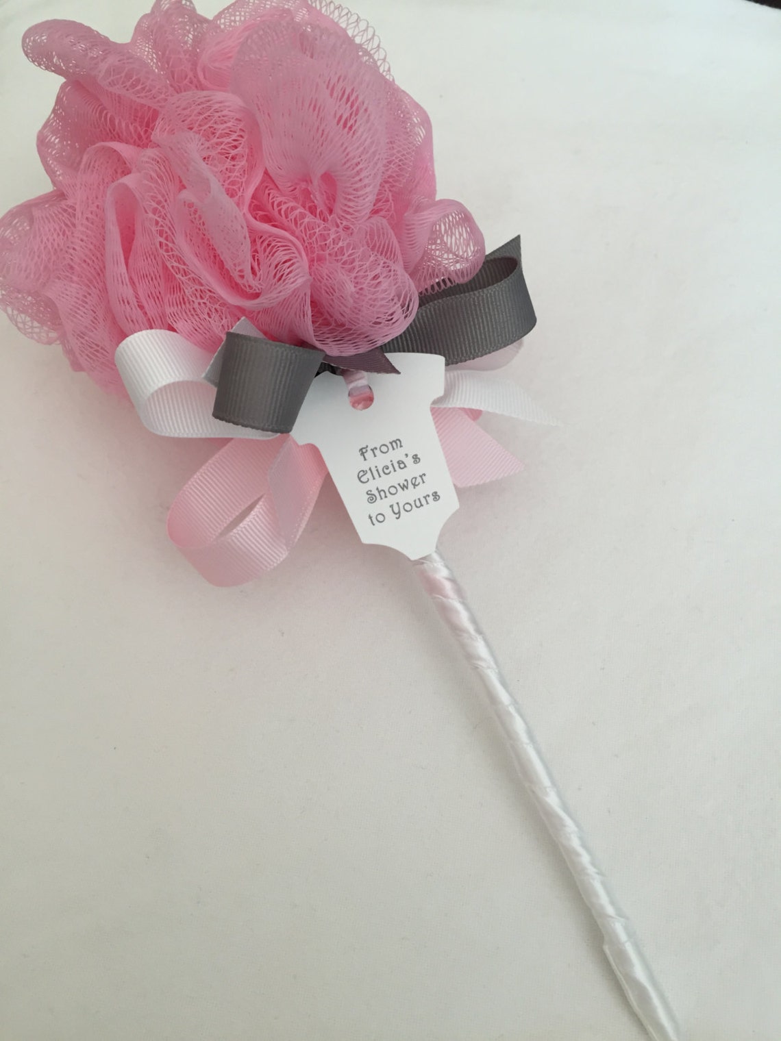 Pink and Gray Bath Puff Baby Rattle Unique Baby Shower ...