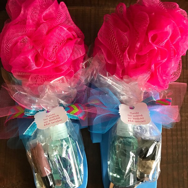 Girls Spa Party Favor Bath Puff Pedicure Favor set with Nail Polish, file, toe separators