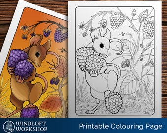 Cute Mouse Coloring Page, Woodland Scene, Fairy World, Fantasy Forest Creature, Autumn Leaves, Ripe Berries, Printable, Digital Download