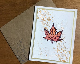 Autumn Leaf Handmade Greeting Card, 4.75" x 5.5", Blank Inside, Includes Coordinating Envelope and Self-Adhesive Wax Seal