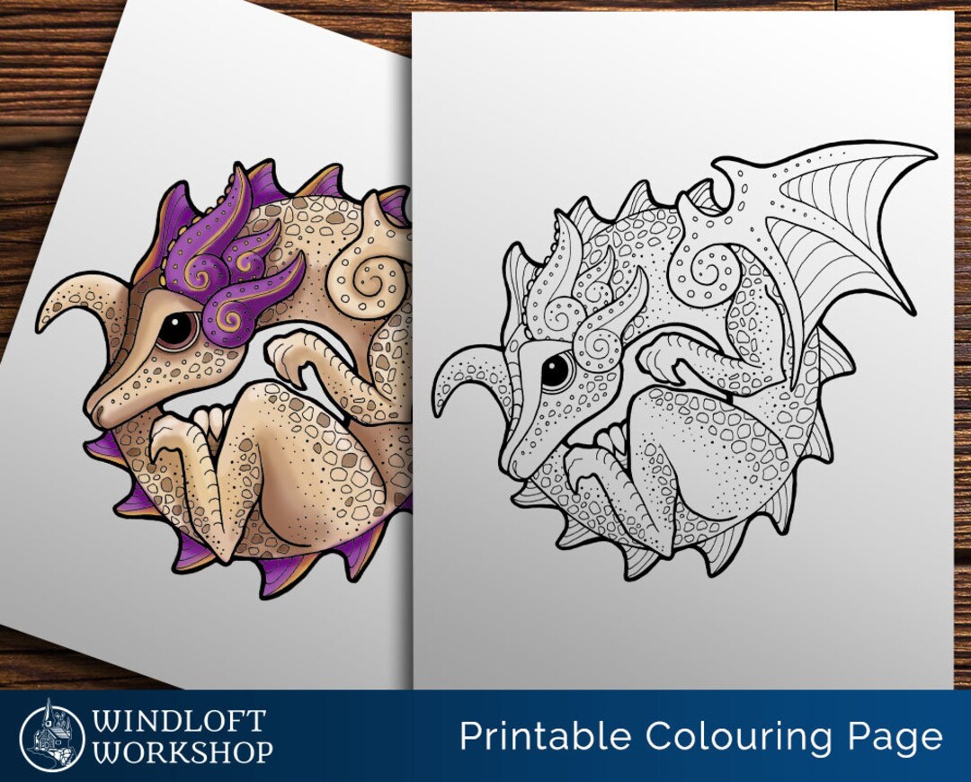 Coiled Dragon Coloring Page, Kawaii Dragon, Cute Fantasy Creature