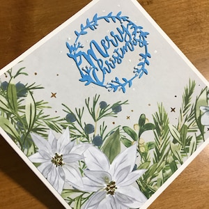 Tarjeta de felicitación navideña hecha a mano con Poinsettias blancas, 5,5" x 5,5", interior en blanco, incluye sobre a juego y sello de cera autoadhesivo
