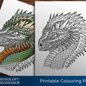 May include: A printable coloring page featuring a detailed line drawing of a dragon's head with intricate scales and spikes. The dragon is facing to the left, with its mouth closed and its eye visible. The page is perfect for adults and children who enjoy coloring.