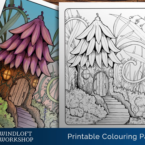 Fairy Home Coloring Page, Fairy House, Magic Garden, Fairy World, Tree House, Fairy Garden, Fantasy Coloring, Digital Download