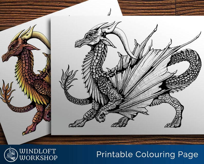 Detailed Dragon Coloring Page Proud Dragon High Fantasy Etsy