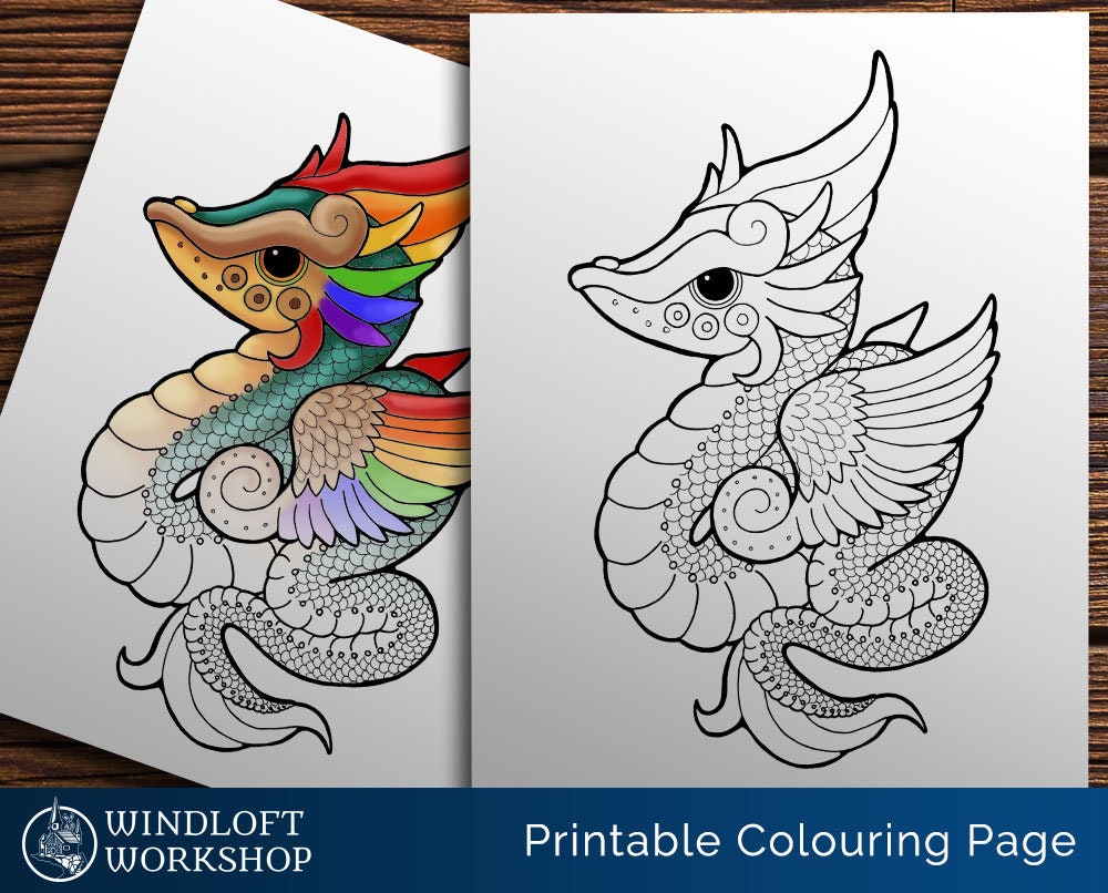 feathered dragon coloring page winged serpent kawaii dragon etsy