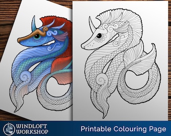 Water Dragon Coloring Page, Sea Serpent, Leviathan, Sea Creature, Fantasy Art, Magical Creature, Easy to Color, Printable, Digital Download