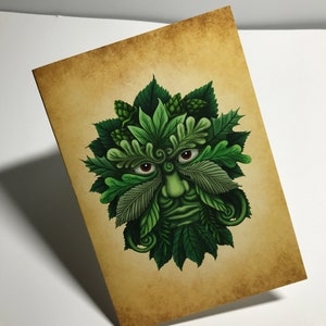 Tarjeta de felicitación para toda ocasión con el tema de Green Man, 5" x 7,125", impresión de alta calidad, interior en blanco, incluye sobre blanco liso