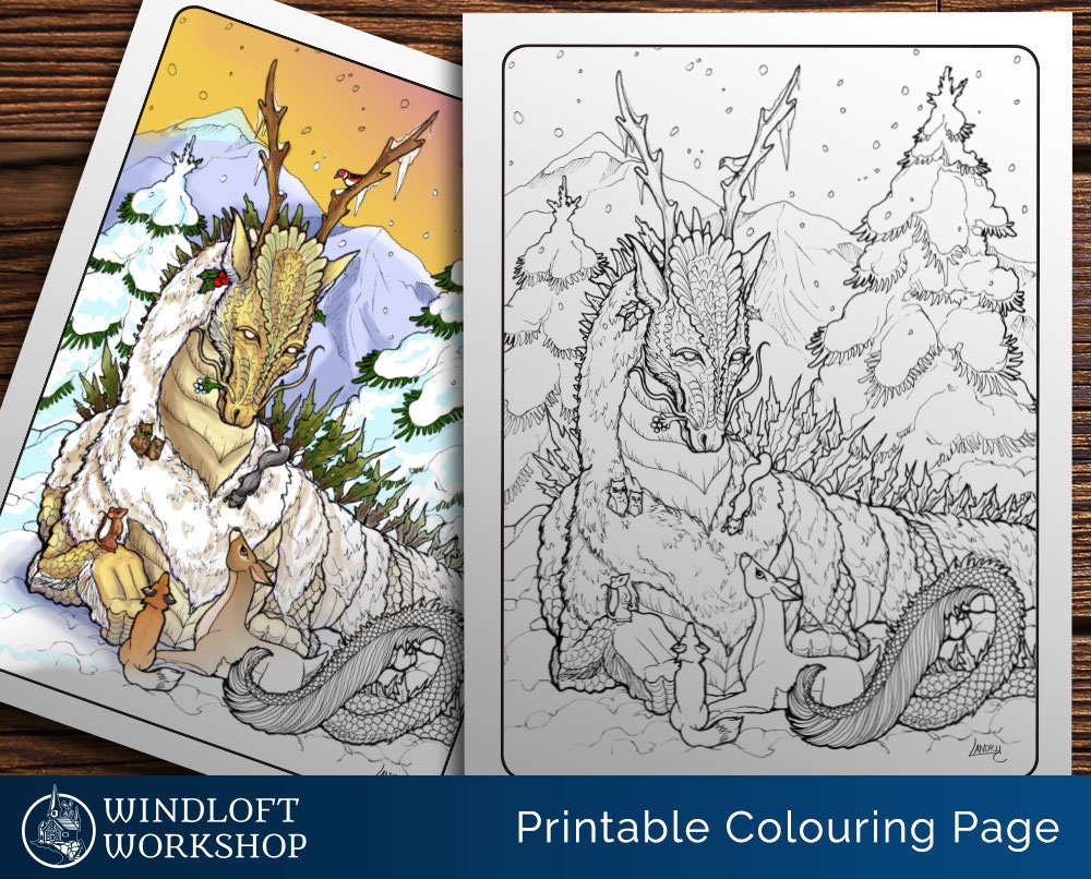 Winter Solstice Dragon Coloring Page | Intermediate Level Coloring ...