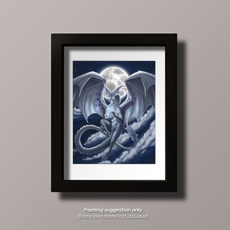 Dragon Art Print, Fantasy Wall Art, Night Sky and Full Moon, White Dragon with Orb, Gift for Dragon Lover, 8 x 10, Archival, Open Edition image 2