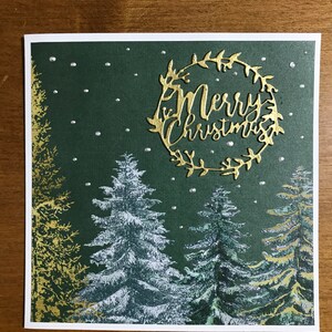 Tarjeta de felicitación hecha a mano con nevadas en el bosque navideño, 5,5 x 5,5 pulgadas, interior en blanco, incluye sobre a juego y sello de cera autoadhesivo