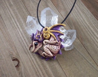 Cute Coiled Dragon Pendant, Fantasy Necklace, Antiqued, Gift for Dragon Lover, Polymer Clay, Hand-Painted, OOAK