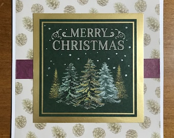 Christmas Trees and Snow Handmade Greeting Card, 5.5" x 5.5", Blank Inside, Includes Coordinating Envelope and Self-Adhesive Wax Seal