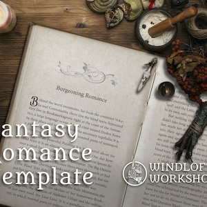 May include: An open book with the title "Fantasy Romance Template" on a wooden surface. The book is surrounded by various objects, including candles, herbs, and a small wooden mortar and pestle. The book is open to a page with text about a fictional world called Bookmarksgrove.