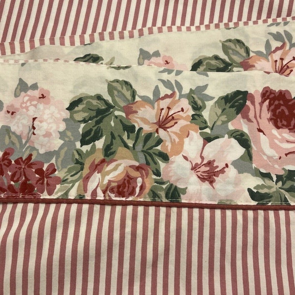 Vintage Croscill ARBOR ROSE Floral Stripe Pink White Green Full Flat Sheet