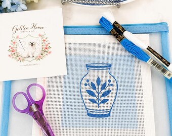 Chinoisserie vase Beginner Needlepoint Kit, 13 Mesh Needlepoint Canvas, DIY needlepoint Kit