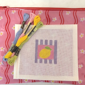 Kit de lienzo de limón para bordar / Kit de bordado para principiantes / Lienzo de limón pintado a mano con hilos / Proyecto de bordado preppy