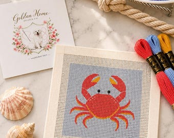 Coastal crab Needlepoint Kit, Beginner Needlepoint Kit, 13 Mesh Needlepoint Canvas, DIY needlepoint Kit