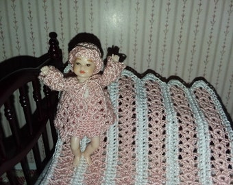 1:12 scale Miniature Dusty Rose Baby Layette Set PDF Crochet Pattern
