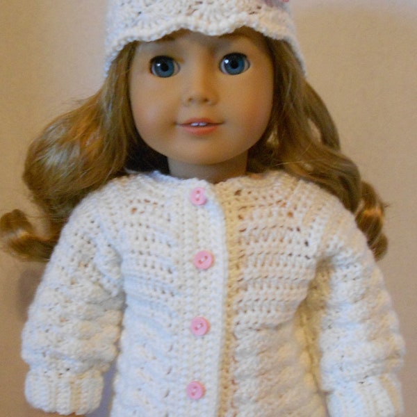 CROCHET PATTERN - PDF - Shell Stitch Cardigan Sweater with Hat fits 18" Dolls