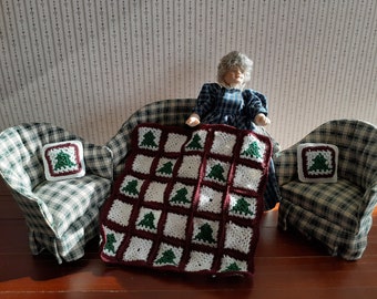 PDF Crochet Pattern for Miniature 1:12 scale pine tree afghan and pillows