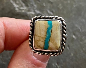 SIZE 6.5 Royston Ribbon Turquoise Sterling Silver Square Classic Stone Southwestern Simple EveryDay Statement Chunky Ladies Cocktail Ring