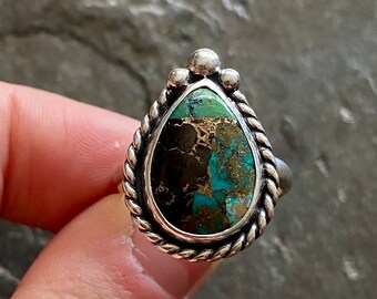 SIZE 8.5 White Buffalo Kingman Turquoise Sterling Silver Southwestern Statement Copper Gold Simple EveryDay Cocktail Ladies Ring