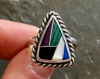 SIZE 7.5 Inlay Opal Onyx Mother of Pearl Lapis Mosaic Sterling Silver Triangle Black Green Southwestern Statement Cocktail Ladies Ring