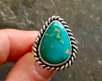 SIZE 9.5 Royston Turquoise Sterling Silver Green Blue Teardrop Freeform Southwestern Statement Chunky Cocktail Ladies Ring