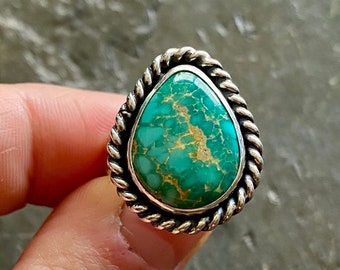 SIZE 6.5 Royston Turquoise Sterling Silver Green Teardrop Freeform Southwestern Statement Simple EveryDay Chunky Cocktail Ladies Ring