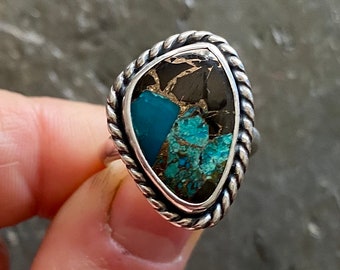 SIZE 7 White Buffalo Kingman Turquoise Sterling Silver Freeform EveryDay Cute Gold Southwestern Statement Cocktail Ladies Ring