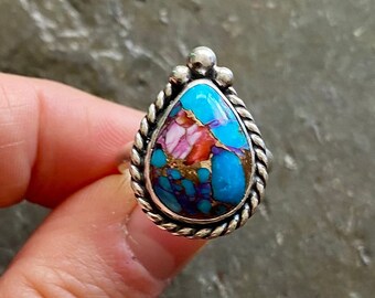 SIZE 7 Pink Spiny Oyster Shell Purple Mohave Turquoise Sterling Silver Stone Statement Petite Simple EveryDay Southwest Ladies Cocktail Ring