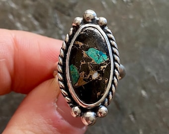 SIZE 6 White Buffalo Kingman Turquoise Sterling Silver Oval EveryDay Black Southwestern Statement Cocktail Ladies Ring