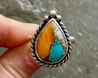 SIZE 11 Orange Spiny Oyster Shell Kingman Mohave Turquoise Sterling Silver Teardrop Everyday Stone Statement Southwest Ladies Cocktail Ring