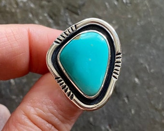 SIZE 6.5 Tyrone Turquoise Shadowbox Sterling Silver Stamped Ombre Freeform Statement Oversized Southwest Chunky Ladies Ring