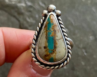 SIZE 7.5 Royston Ribbon Turquoise Sterling Silver Teardrop Classic Stone Southwestern Statement Chunky Ladies Cocktail Ring